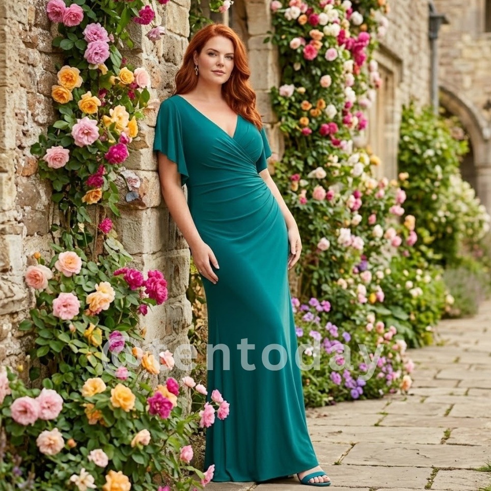 Mac Duggal Size 22 22W Green Flutter Sleeve Jersey Stretch Long Maxi Gown Dress